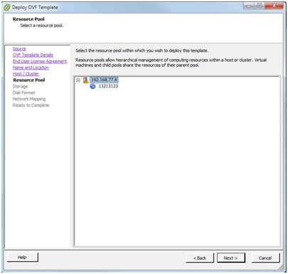 On the Resource Pool step, select the resource pool within which you would like to deploy the Virtual Appliance and click Next.